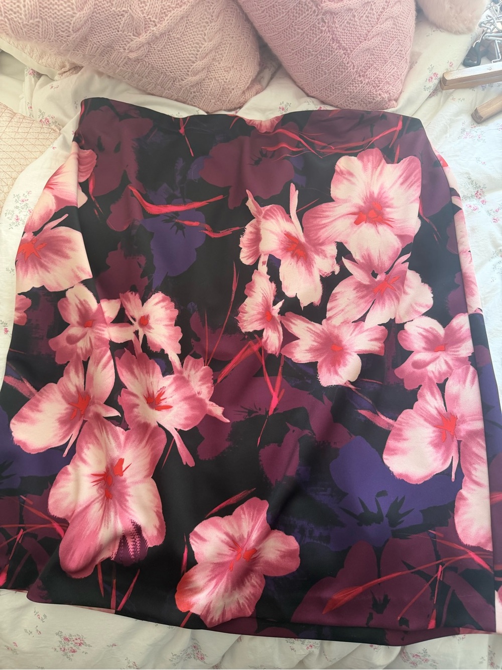 Dress Barn Black Floral A-Line Skirt with Pink Flowers